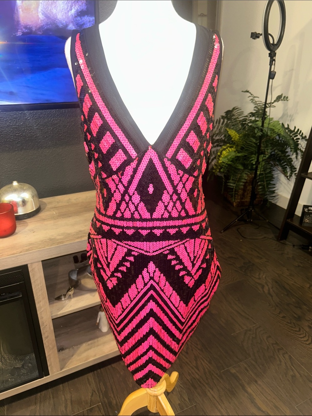 bebe Pink and Black Sequin V-Neck Mini Dress